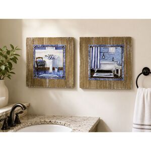 Set of 2 Rustic Bathroom Wall Art Plaques – Approx. 9” Square